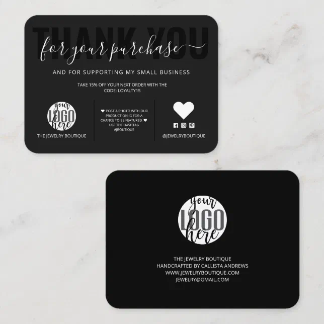 Elegant White Black Script Logo Customer Thank You Business Card | Zazzle