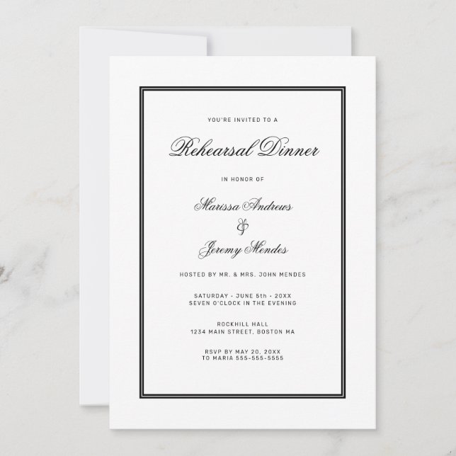 Elegant White Black Script Rehearsal Dinner Invitation (Front)