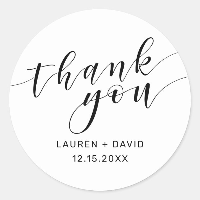 Elegant White Black Script Typography Wedding Classic Round Sticker (Front)