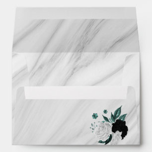 elegant white black & teal blue flowers wedding envelope
