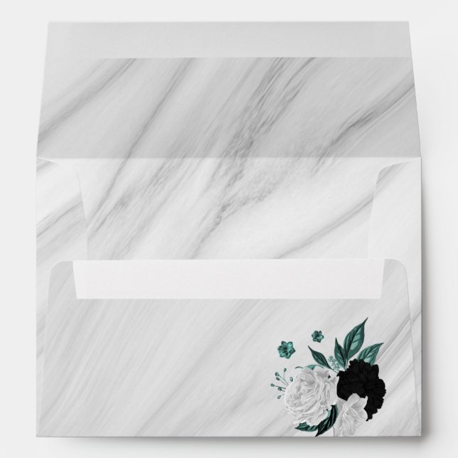 elegant white black & teal blue flowers wedding envelope (Back (Bottom))