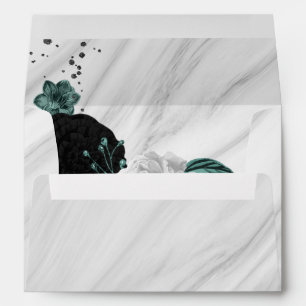 elegant white black & teal blue flowers wedding envelope