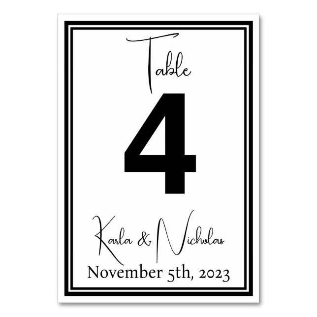 Elegant White & Black Wedding Table Number (Front)