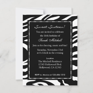 Elegant White & Black Zebra Sweet Sixteen Birthday Invitation
