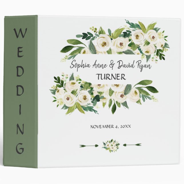 Elegant White Blooming Floral Handwriting Wedding 3 Ring Binder (Front/Spine)