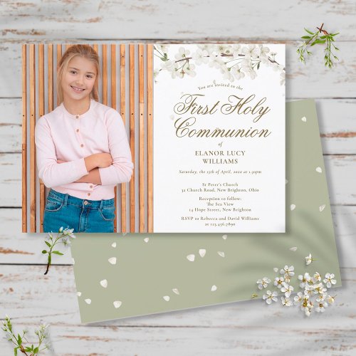 Elegant White Blossom First Holy Communion Photo Invitation