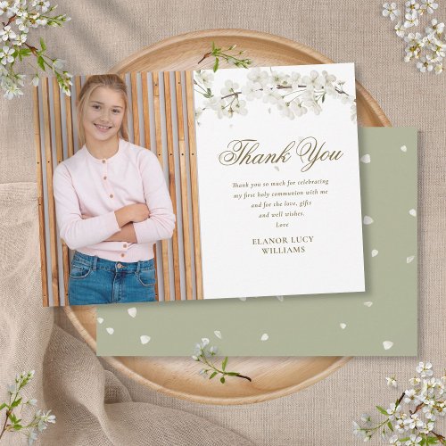 Elegant White Blossom First Holy Communion Photo Thank You Card