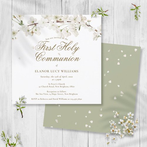 Elegant White Blossom Floral First Holy Communion Invitation