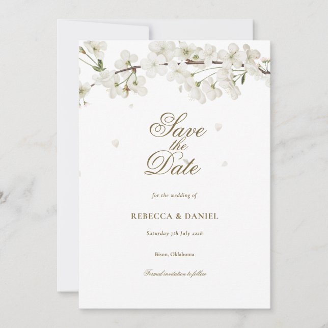 Elegant White Blossom Floral Save the Date (Front)