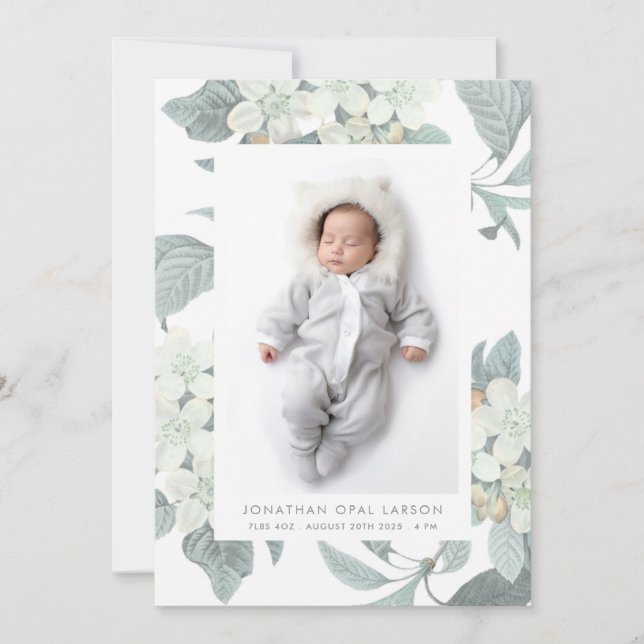 Elegant White Blossom Flower Photo Frame Birth Announcement (Front)