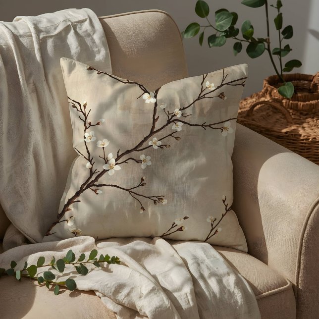Elegant White Blossom Minimal Branch Throw Pillow (Creator Uploaded)