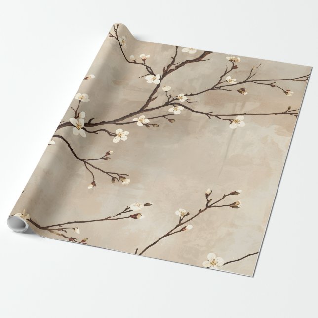 Elegant White Blossom Minimal Branch Wrapping Paper (Unrolled)