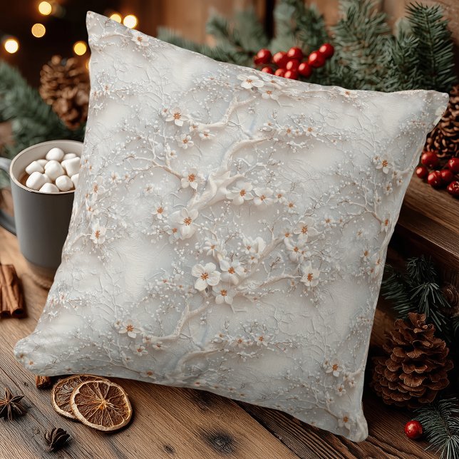 Elegant White Blossom Relief – Modern Floral Throw Pillow (Creator Uploaded)