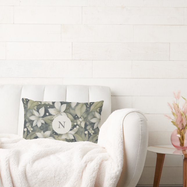 Elegant White Blossoms w Sage Leaves on Gray Lumbar Pillow (Couch)
