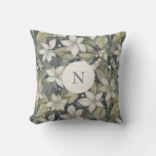 Elegant White Blossoms w Sage Leaves on Gray Throw Pillow