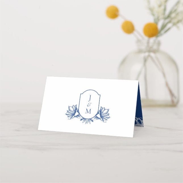 Elegant White & Blue Botanical Monogram Crest Place Card (Front)