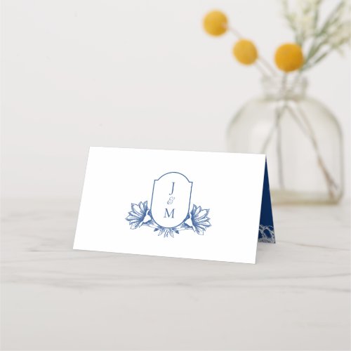 Elegant White  Blue Botanical Monogram Crest Place Card