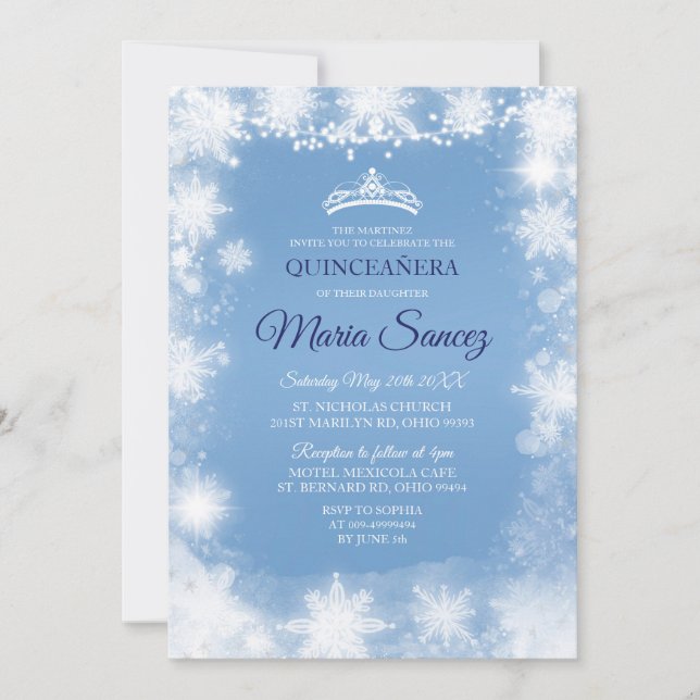Elegant White & Blue Christmas Mis Quince Invite (Front)