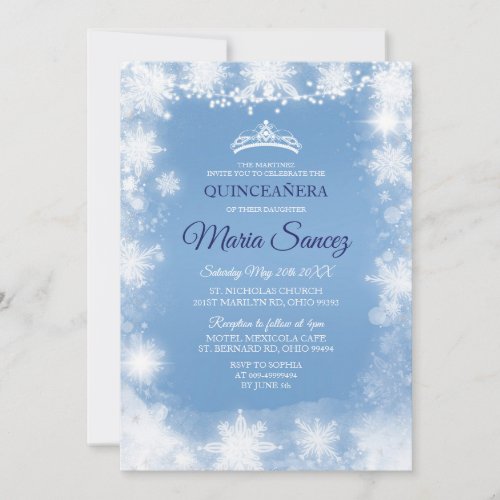 Elegant White  Blue Christmas Mis Quince Invite