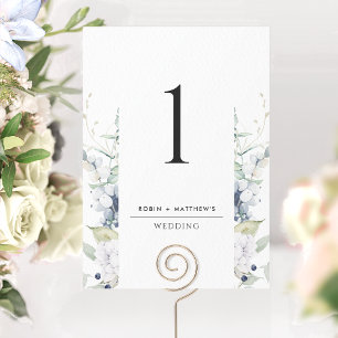 Elegant White, Blue Floral Wedding Table Number