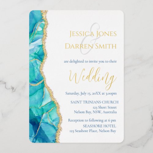 Elegant White Blue Gold Foil Wedding Invitation Foil Invitation