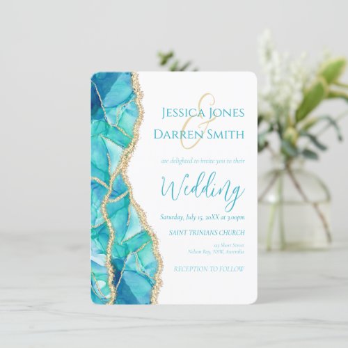 Elegant White Blue Gold Glitter Watercolor Wedding Invitation
