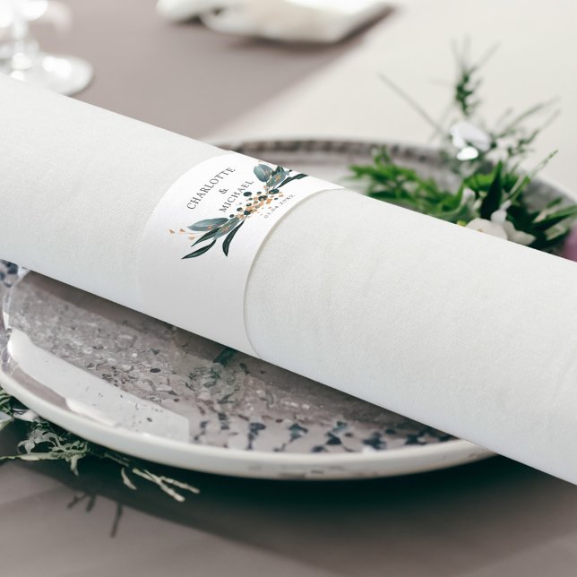 Elegant White Blue Gold (Imitat) Botanical  Napkin Bands (Creator Uploaded)
