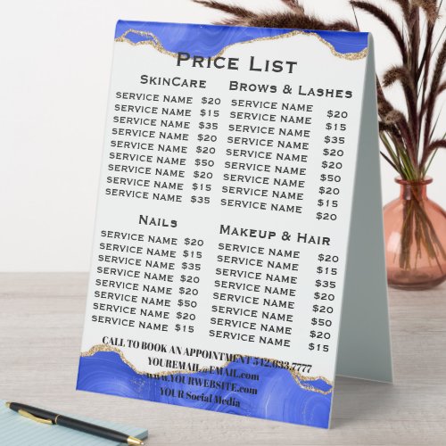 Elegant White Blue Gold Marble Salon Service Menu Table Tent