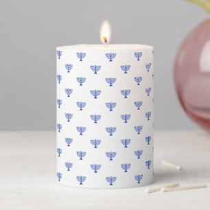 Elegant white blue jewish menorah pattern Hanukkah Pillar Candle