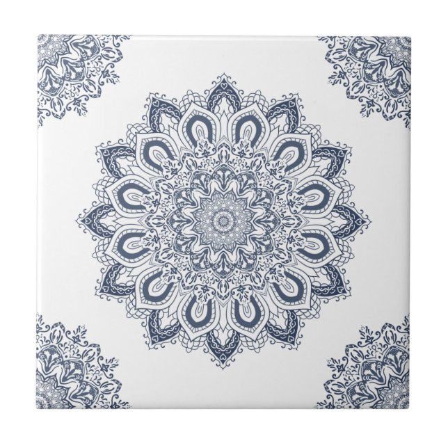 Elegant White Blue Mandala Ceramic Tile (Front)