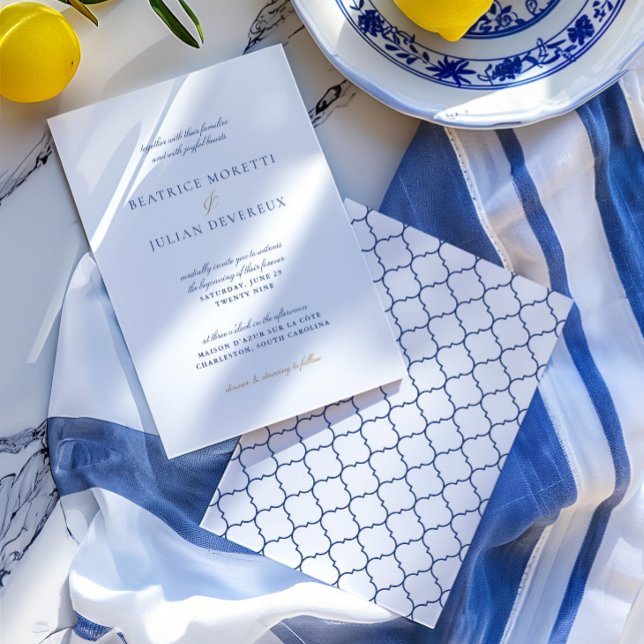 Elegant White & Blue Mediterranean Wedding  Invitation (Elegant White & Blue Mediterranean Wedding Invitation)