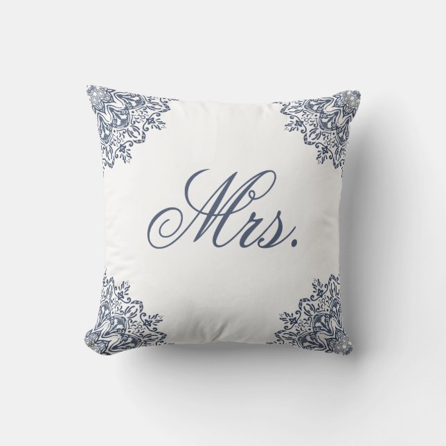 Elegant White Blue Mr. & Mrs. Matching His & Hers Throw Pillow (Front)
