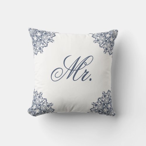 Elegant White Blue Mr  Mrs Matching His  Hers Throw Pillow