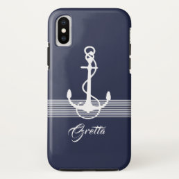 Elegant White &amp; Blue Nautical Boat Anchor Monogram iPhone X Case