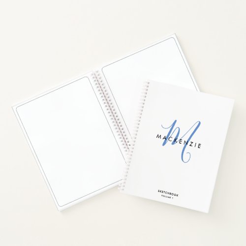 Elegant White Blue Script Monogram Sketchbook Notebook