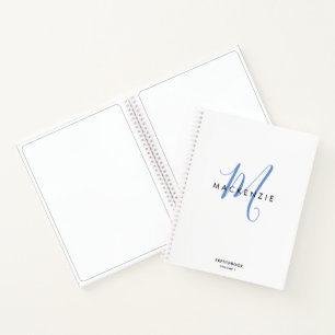 Elegant White Blue Script Monogram Sketchbook Notebook