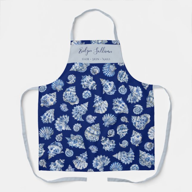 Elegant white blue seashells apron (Front)