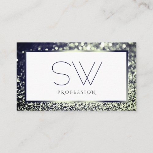 Elegant White Blue Silver Ombre Glitter Monogram Business Card