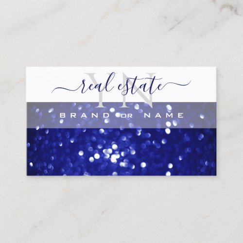 Elegant White Blue Sparkling Glitter with Monogram Business Card