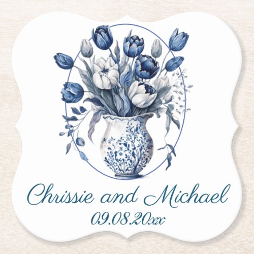 Elegant White  Blue Tulips in Vase Wedding Paper Coaster