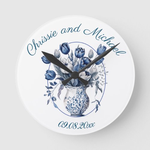 Elegant White  Blue Tulips in Vase Wedding Round Clock