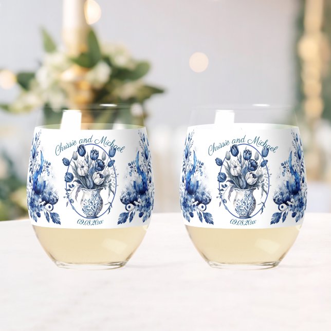 Elegant White & Blue Tulips in Vase Wedding Stemless Wine Glass (Insitu (Wedding))