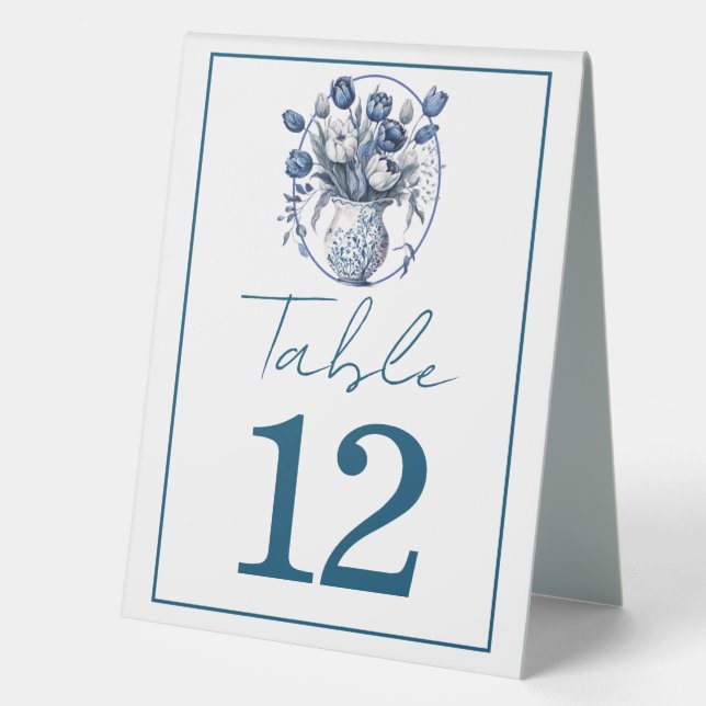 Elegant White & Blue Tulips in Vase Wedding Table Tent (Front)