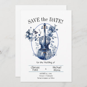 Elegant White & Blue Violin Wedding Save The Date