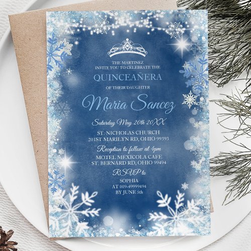 Elegant White Blue Winter Quinceanera Invite