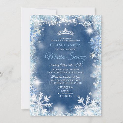 Elegant White Blue Winter Quinceanera Invite