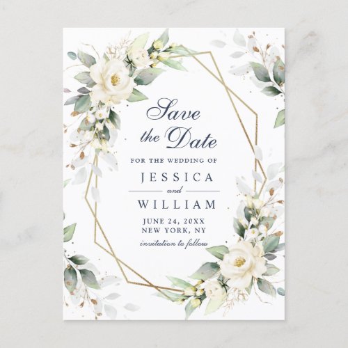 Elegant White Blush Greenery Wedding Save the Date Postcard