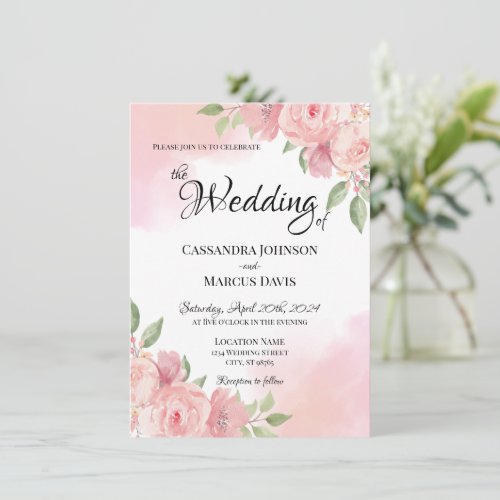 Elegant White Blush Pink Floral Watercolor Wedding Invitation