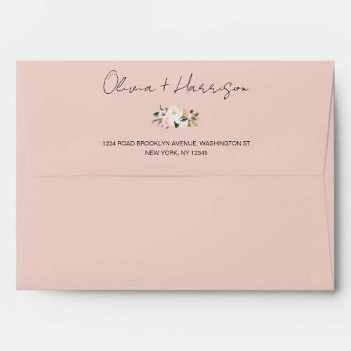 Elegant White  Blush Pink Magnolia Floral Wedding Envelope