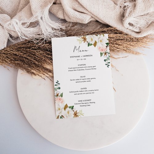 Elegant White  Blush Pink Magnolia Floral Wedding Menu